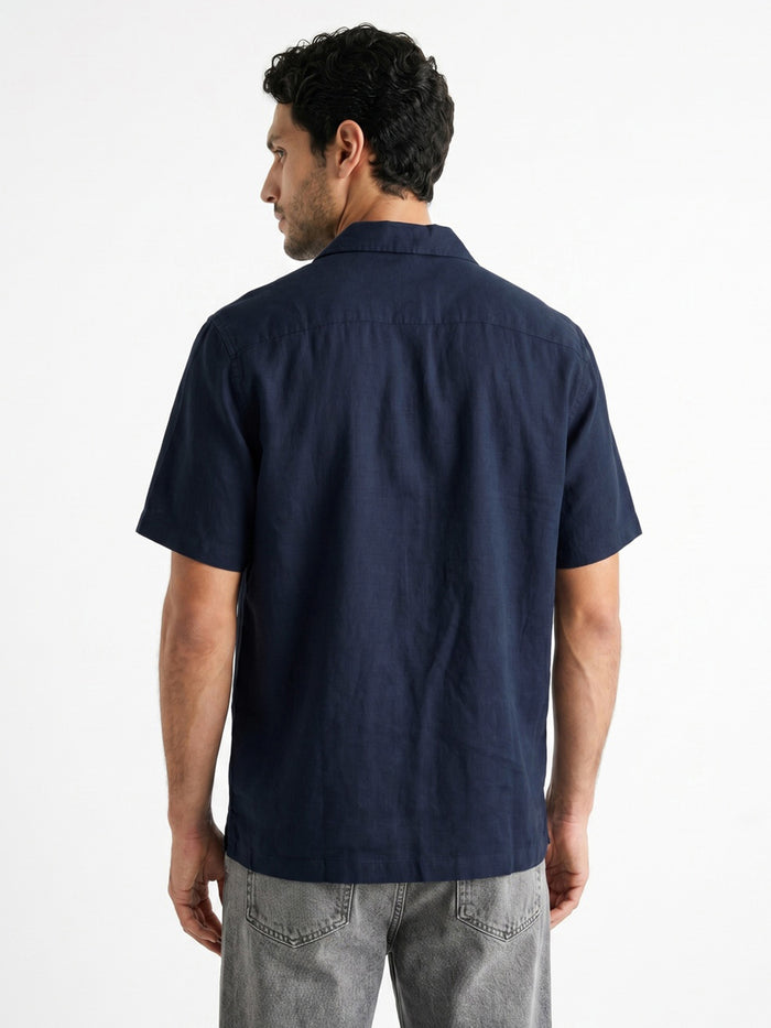 Men's Navy Linen Half Sleeve Oversized Fit Shirt with Cuban Collar