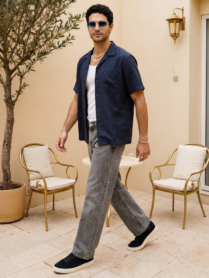 Men's Navy Linen Half Sleeve Oversized Fit Shirt with Cuban Collar