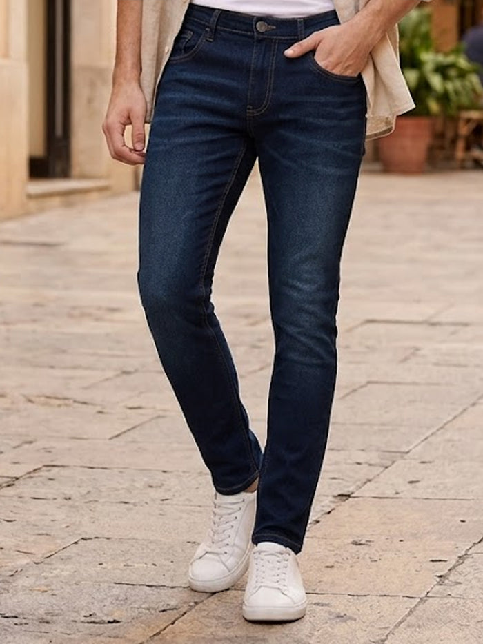 Men's Navy Skinny Fit Washed Jeans Stretchable