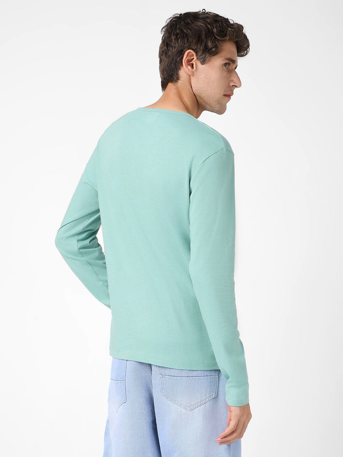 Men's Nile Blue Solid Henley Neck Slim Fit Full Sleeve Cotton T-Shirt