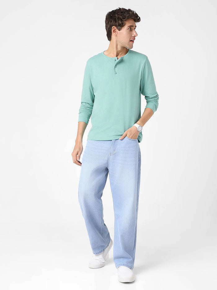 Men's Nile Blue Solid Henley Neck Slim Fit Full Sleeve Cotton T-Shirt