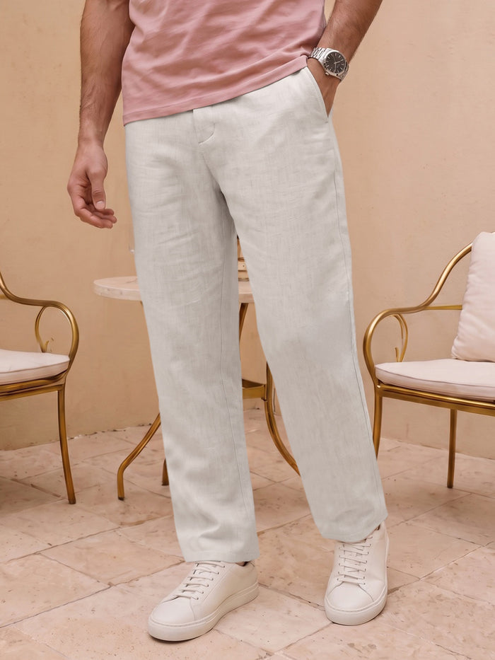 Men's Off White Relaxed Fit Solid Linen Blend Trousers Non-Stretchable