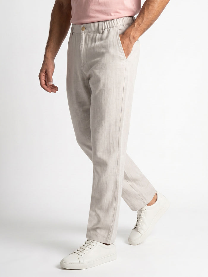 Men's Off White Relaxed Fit Solid Linen Blend Trousers Non-Stretchable