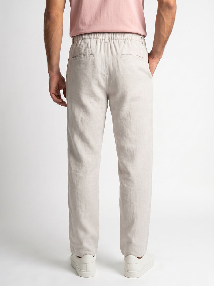 Men's Off White Relaxed Fit Solid Linen Blend Trousers Non-Stretchable