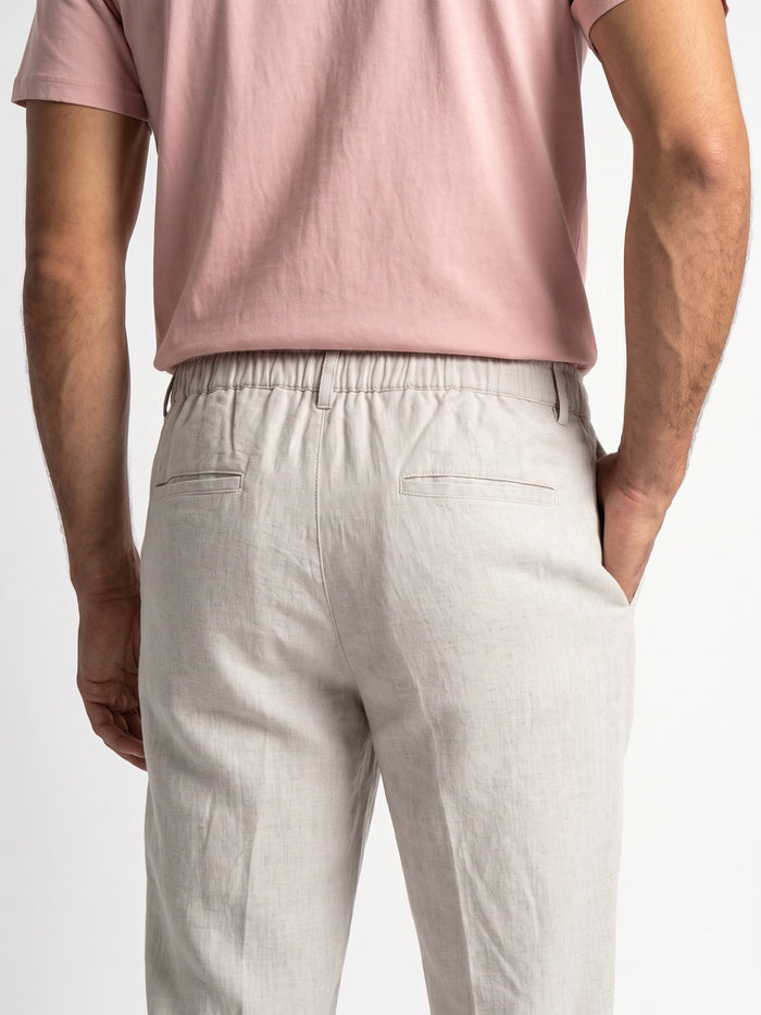Men's Off White Relaxed Fit Solid Linen Blend Trousers Non-Stretchable