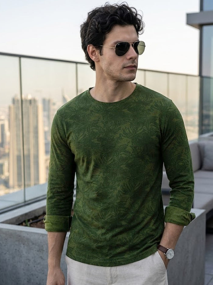 Men's Olive Green Printed Full Sleeve Slim Fit Cotton T-Shirt