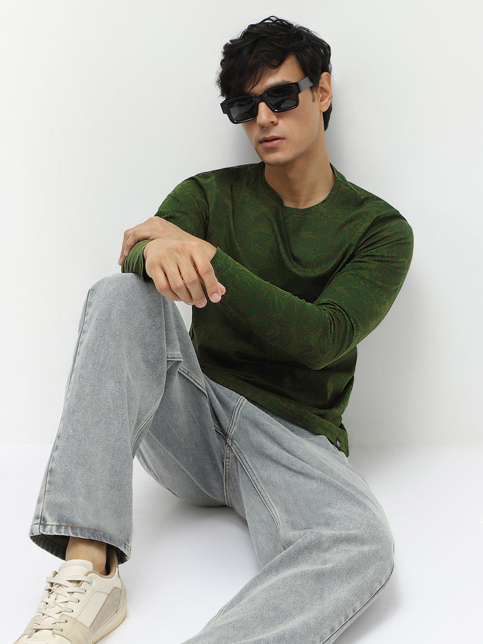 Men's Olive Green Printed Full Sleeve Slim Fit Cotton T-Shirt