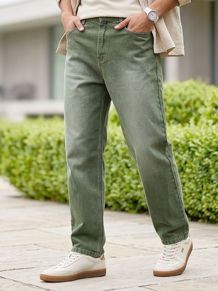 Men's Olive Loose Baggy Fit Washed Jeans Non-Stretchable