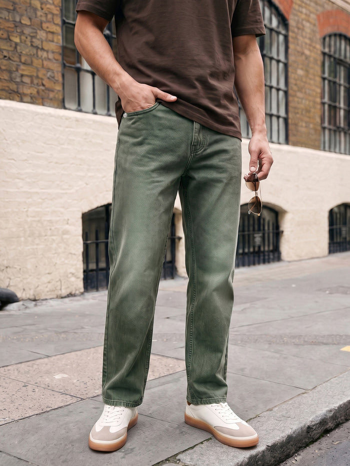 Men's Olive Relaxed Fit Washed Denim Jeans Non-Stretchable