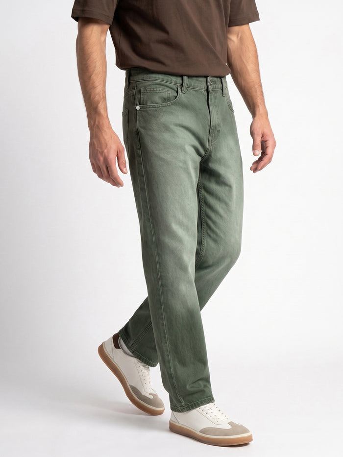 Men's Olive Relaxed Fit Washed Denim Jeans Non-Stretchable