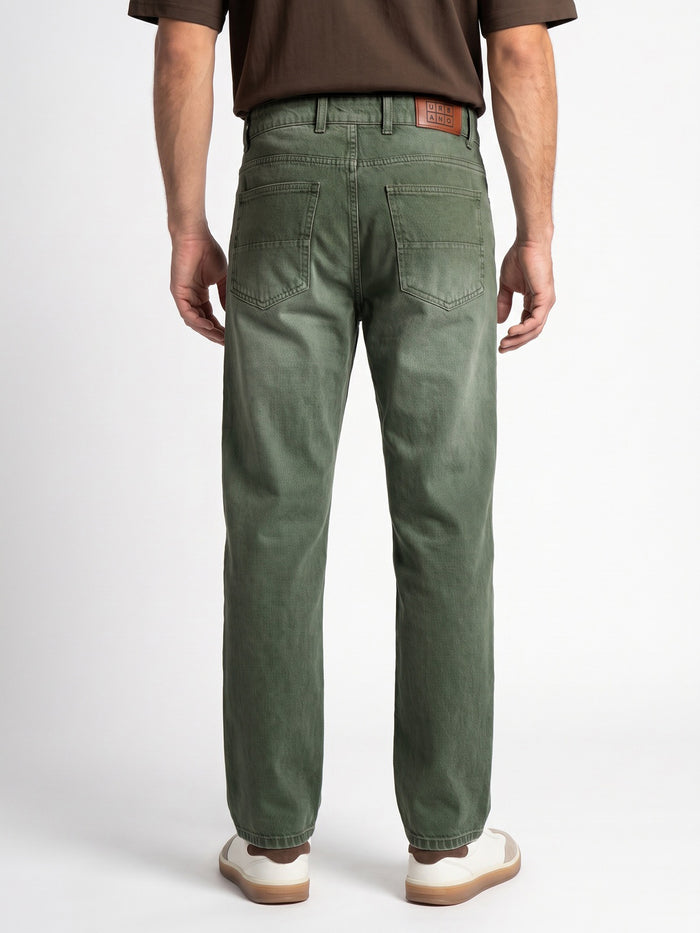 Men's Olive Relaxed Fit Washed Denim Jeans Non-Stretchable