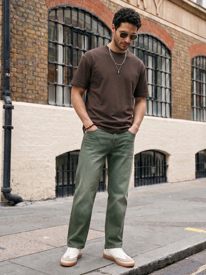 Men's Olive Relaxed Fit Washed Denim Jeans Non-Stretchable