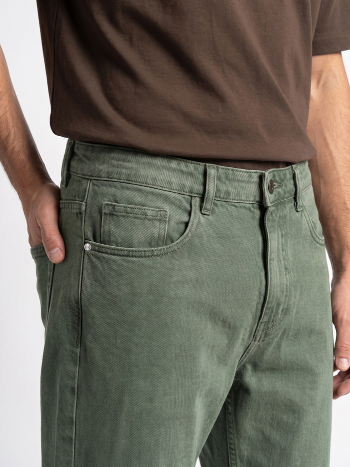 Men's Olive Relaxed Fit Washed Denim Jeans Non-Stretchable