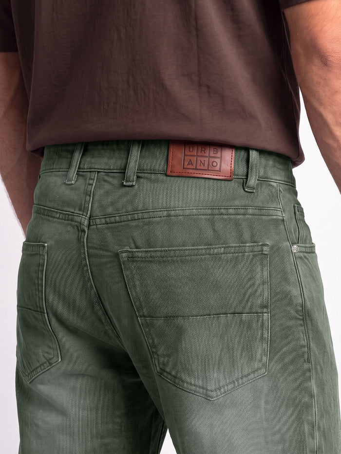 Men's Olive Relaxed Fit Washed Denim Jeans Non-Stretchable