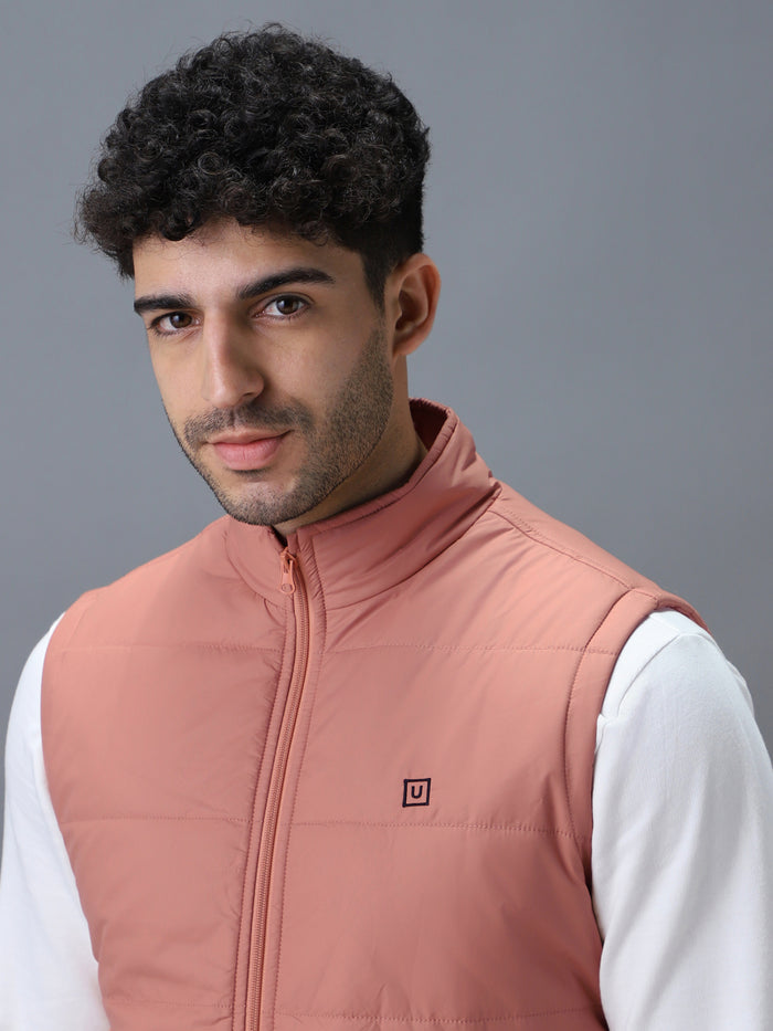 Men's Pink Sleeveless Zippered Puffer Jacket