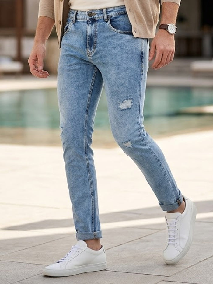 Men's Sky Blue Slim Fit Washed Mild Distressed/Torn Jeans Stretchable
