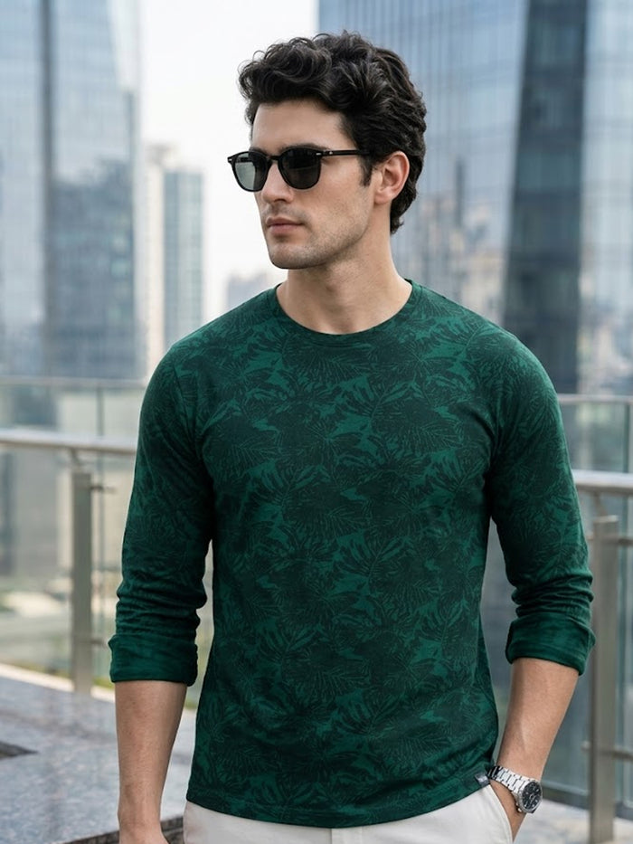 Men's Slim Fit Dark Green Printed Full Sleeve T-Shirt