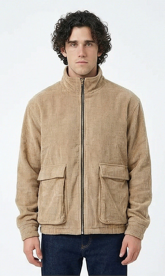 Men's Tan Corduroy Utility Bomber Jacket - O199943