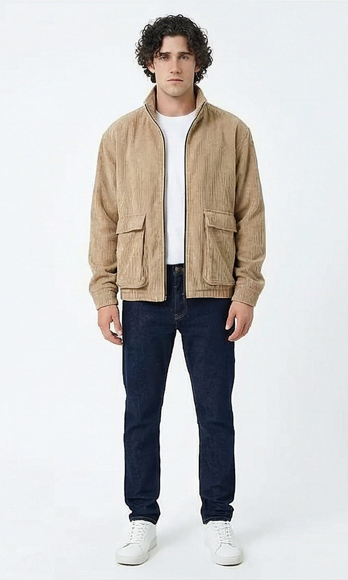 Men's Tan Corduroy Utility Bomber Jacket - O199943