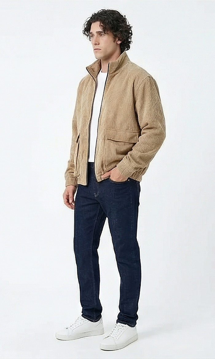 Men's Tan Corduroy Utility Bomber Jacket - O199943