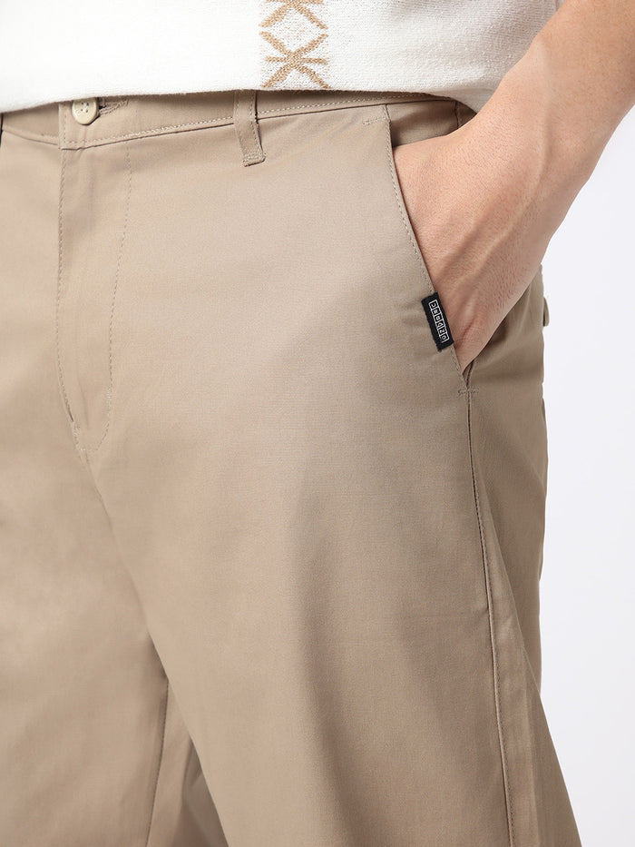 Men's Taupe Brown Cotton Regular Fit Casual Chinos Trousers Stretch