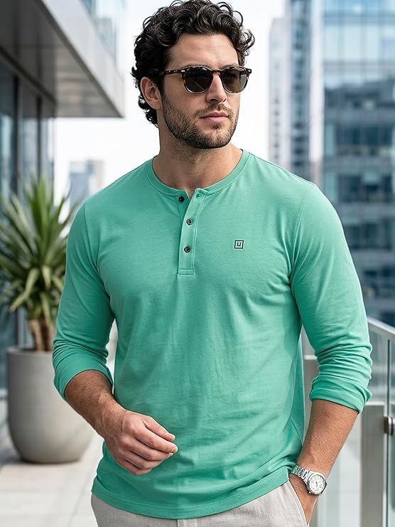 Men's Teal Green Solid Henley Neck Slim Fit Full Sleeve Cotton T-Shirt