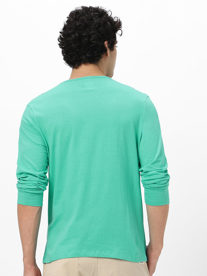 Men's Teal Green Solid Henley Neck Slim Fit Full Sleeve Cotton T-Shirt