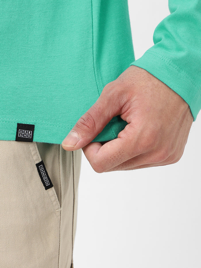 Men's Teal Green Solid Henley Neck Slim Fit Full Sleeve Cotton T-Shirt