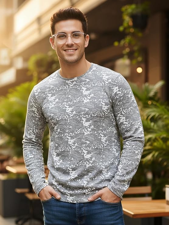 Men's White Grey Printed Full Sleeve Slim Fit Cotton T-Shirt