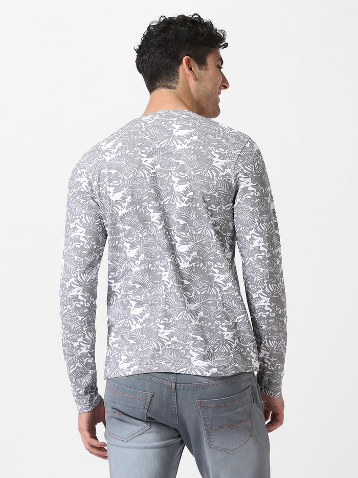 Men's White Grey Printed Full Sleeve Slim Fit Cotton T-Shirt