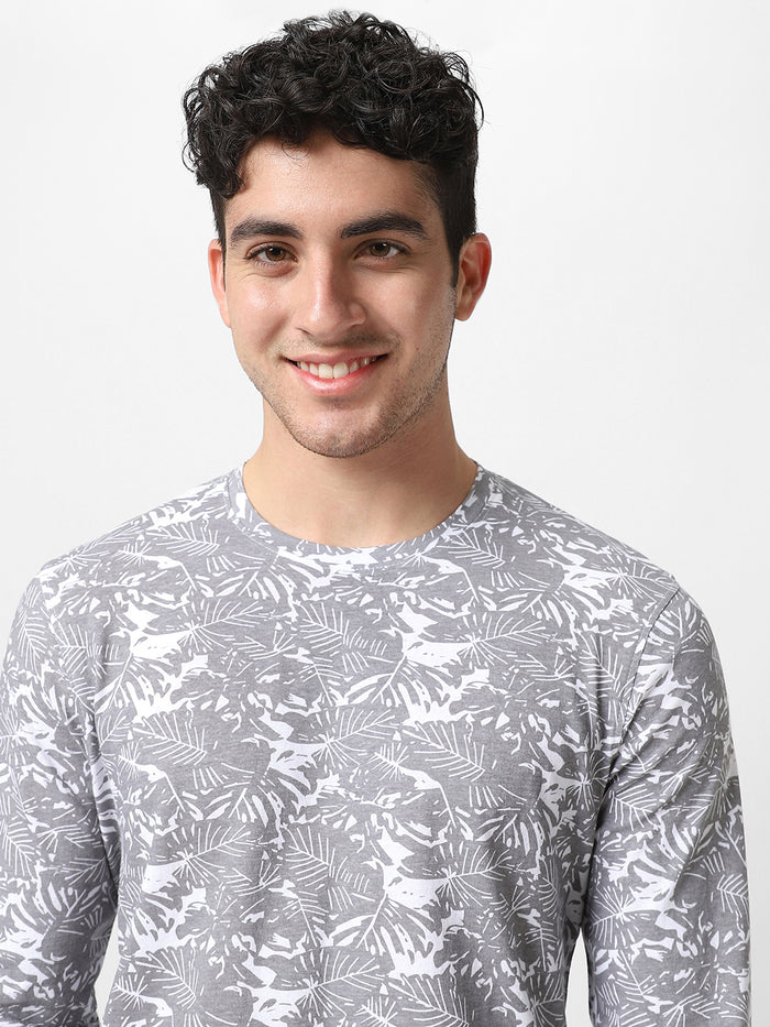 Men's White Grey Printed Full Sleeve Slim Fit Cotton T-Shirt