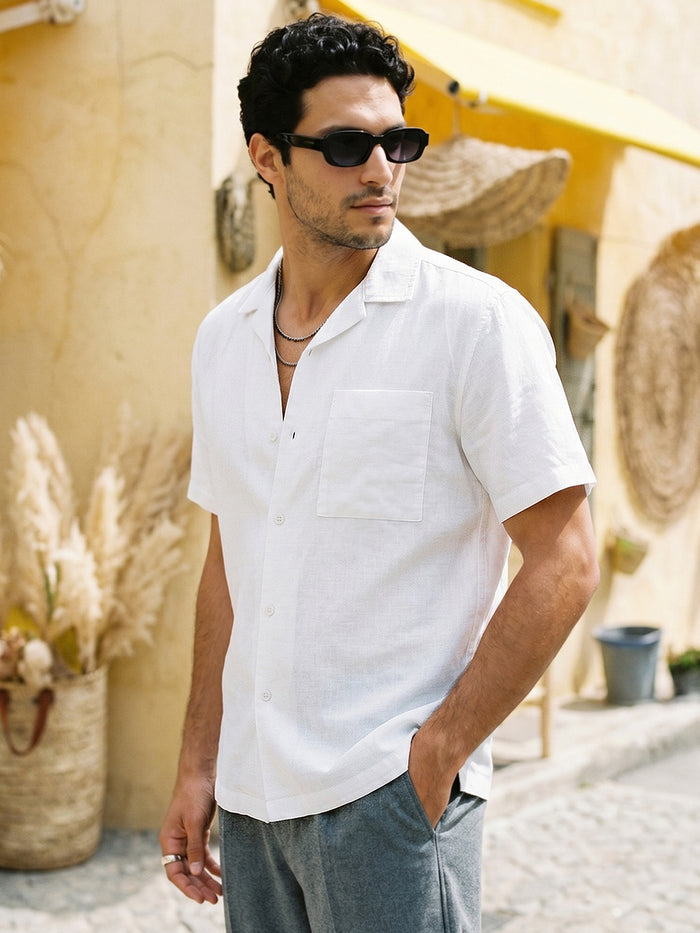 Men's White Linen Half Sleeve Oversized Fit Shirt with Cuban Collar