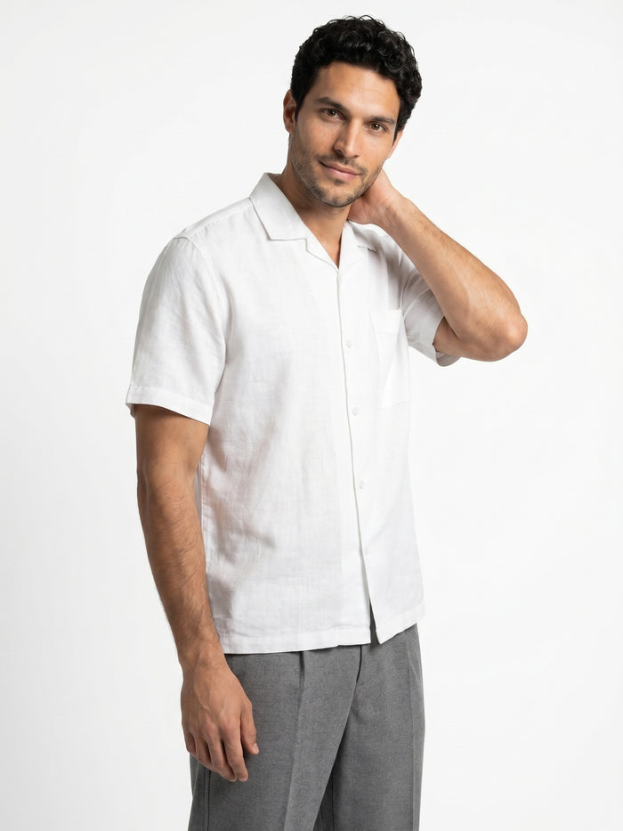 Men's White Linen Half Sleeve Oversized Fit Shirt with Cuban Collar