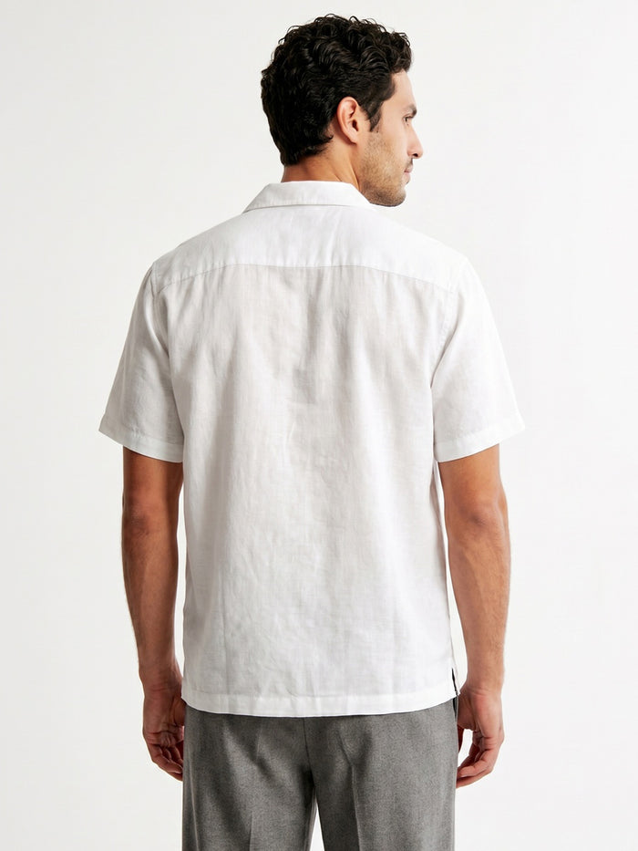Men's White Linen Half Sleeve Oversized Fit Shirt with Cuban Collar