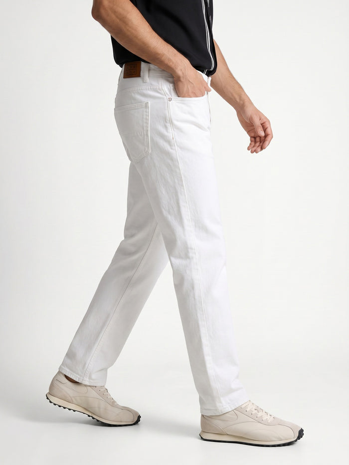 Men's White Relaxed Fit Washed Denim Jeans Non-Stretchable