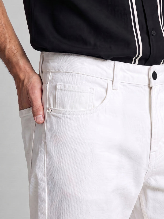 Men's White Relaxed Fit Washed Denim Jeans Non-Stretchable