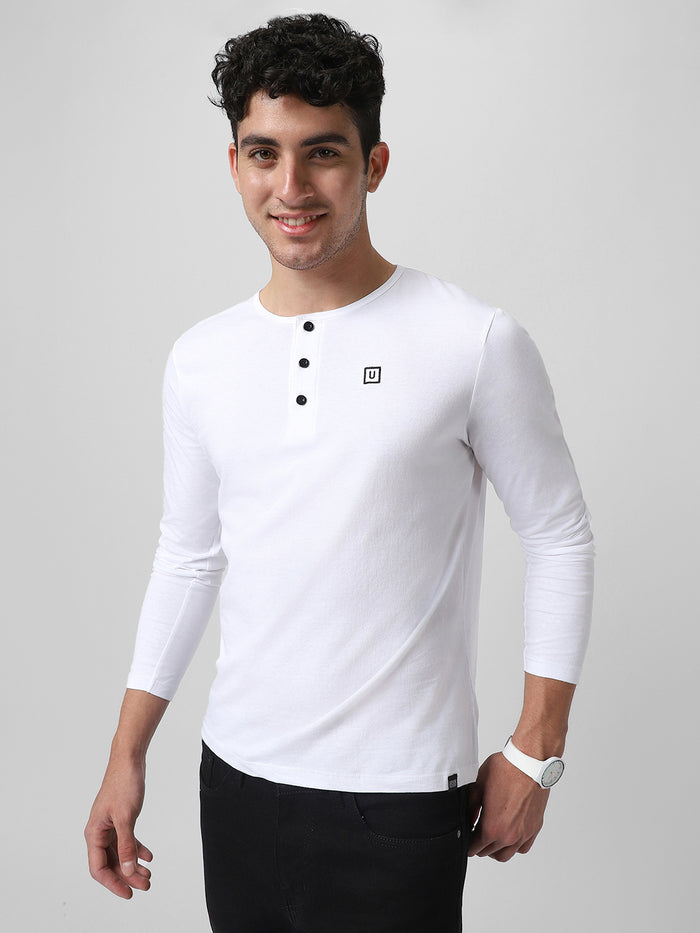 Men's White Solid Henley Neck Slim Fit Cotton T-Shirt