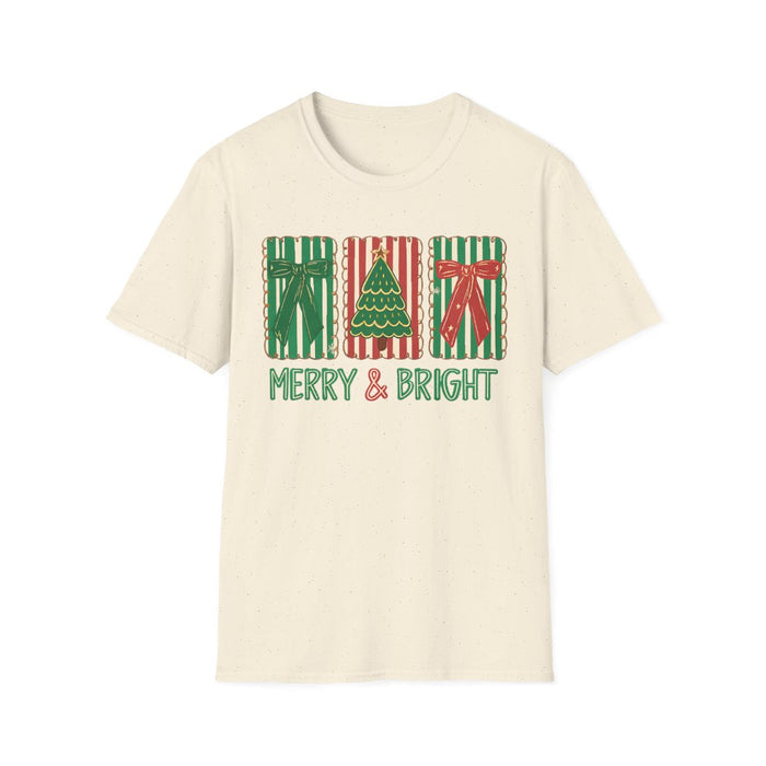 red t-shirt with merry and bright gift box design
