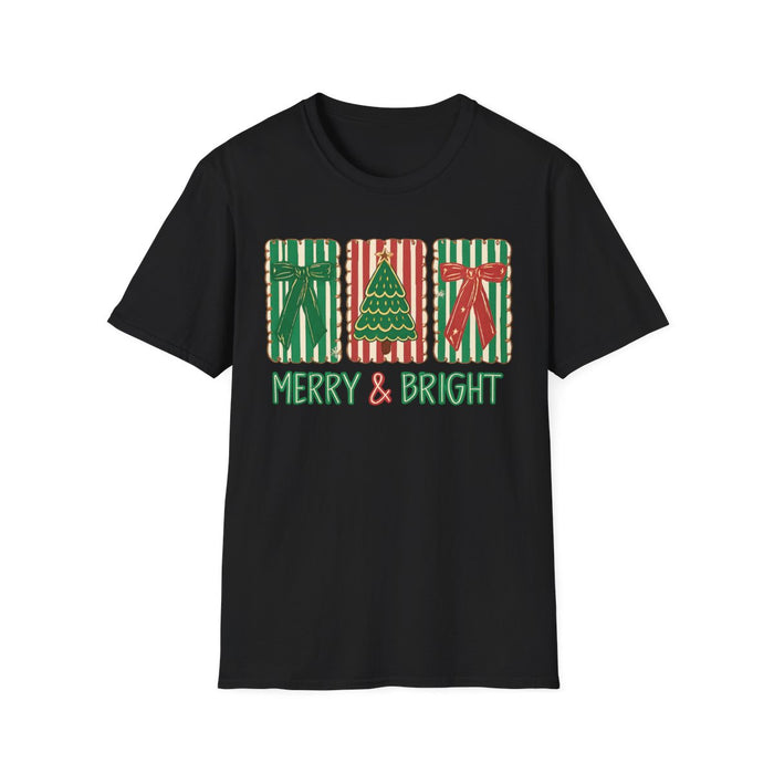 white t-shirt with merry and bright festive Christmas design