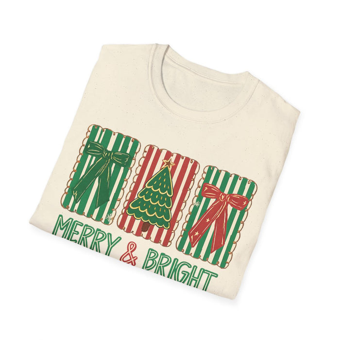 close-up of merry and bright printed design on t-shirt