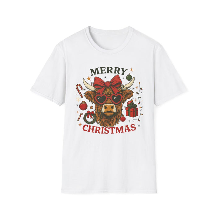 light blue t-shirt with merry christmas highland cow and holiday design