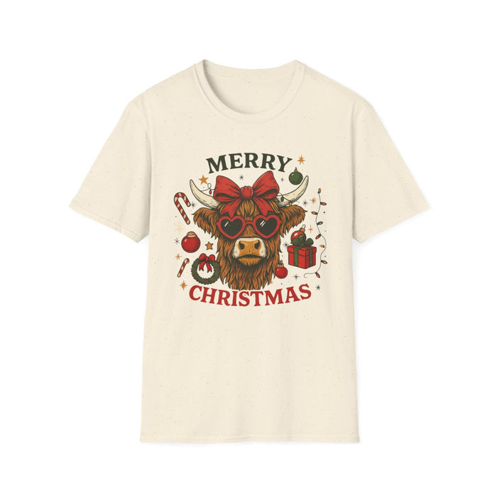 white t-shirt with cute highland cow wearing heart sunglasses and festive bow
