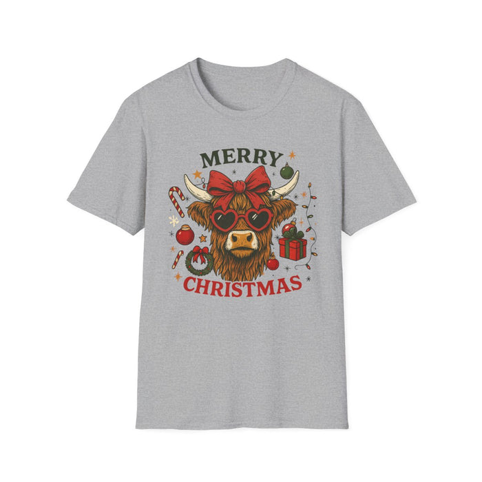 sport grey t-shirt with playful highland cow christmas graphic