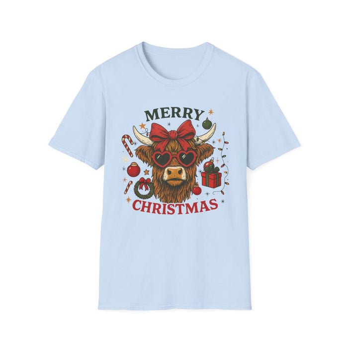 natural t-shirt with bold merry christmas highland cow print