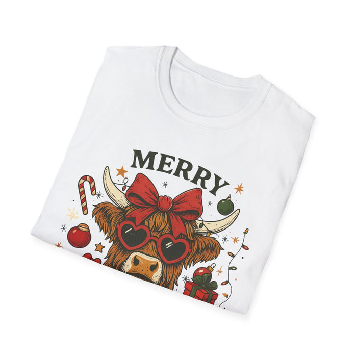 t-shirt with highland cow festive character and holiday text