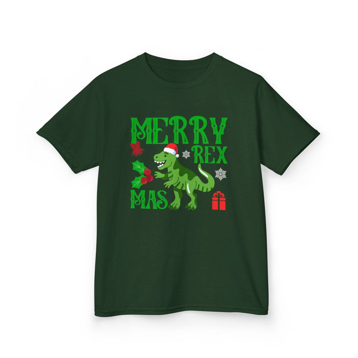 navy kids t-shirt with Merry Rexmas dinosaur Christmas design