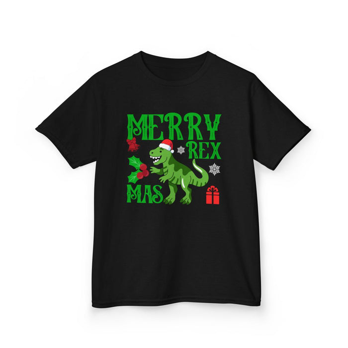 purple kids t-shirt featuring funny Merry Rexmas holiday dinosaur graphic