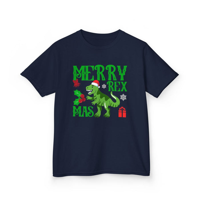 black kids t-shirt with festive Merry Rexmas dinosaur design for Christmas