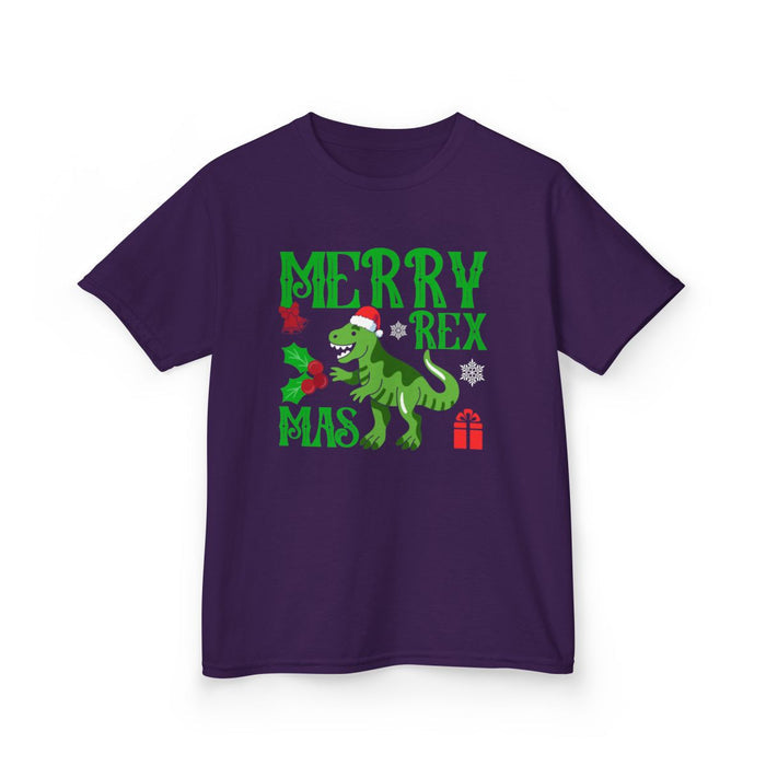 forest green kids t-shirt with bold Merry Rexmas dinosaur Christmas print