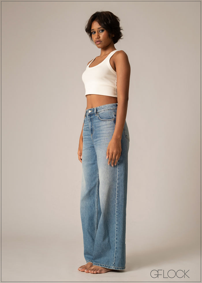 Mid Blue Wide Leg Jean - Short Length - 220826D